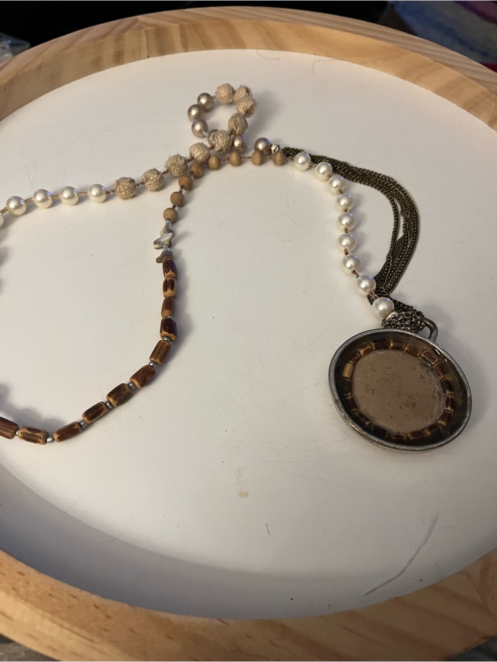 Chicos Long Mixed Bead Pearl and Brown Pendant Necklace